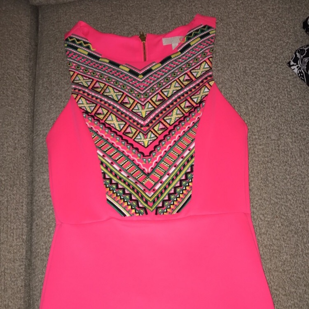 Florescent pink dress with tribal print pattern